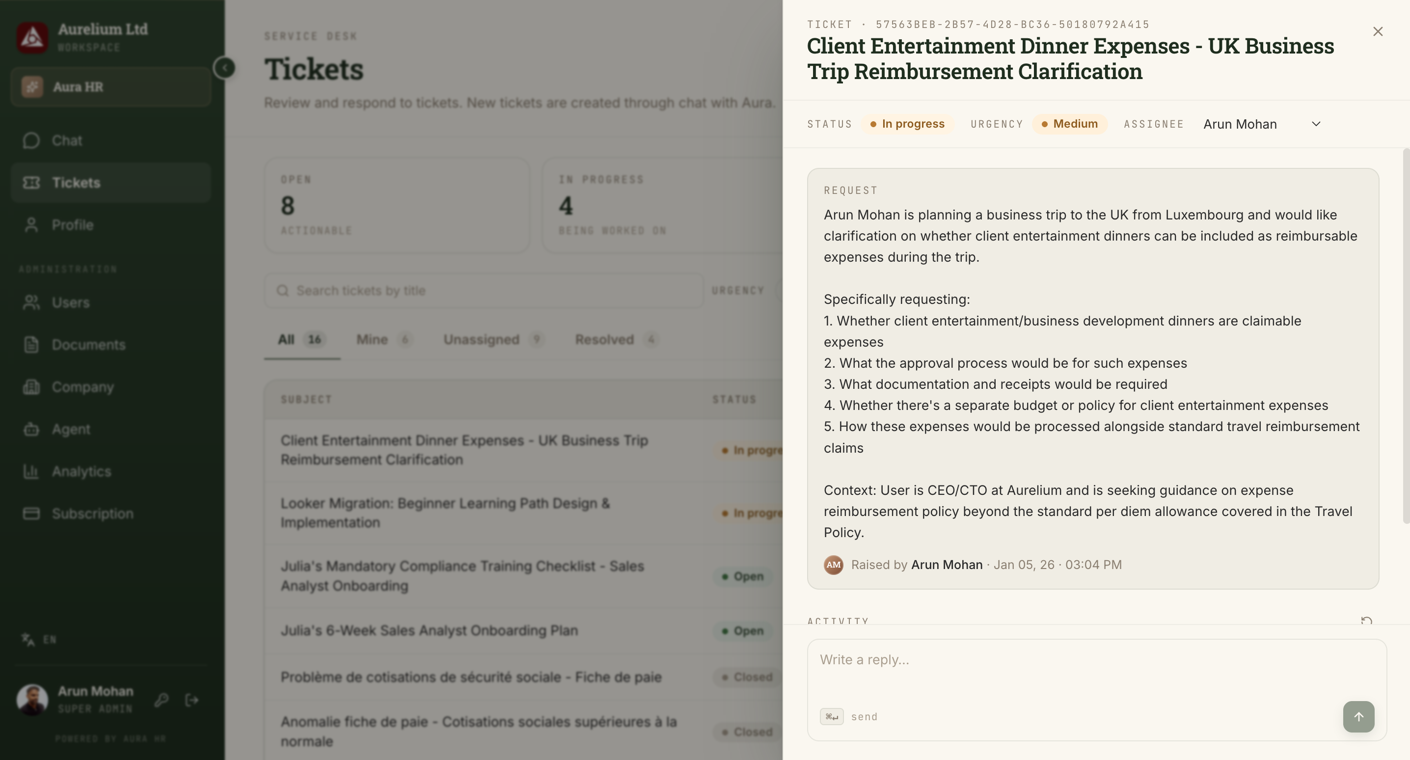 Ticket detail — routed to an expert